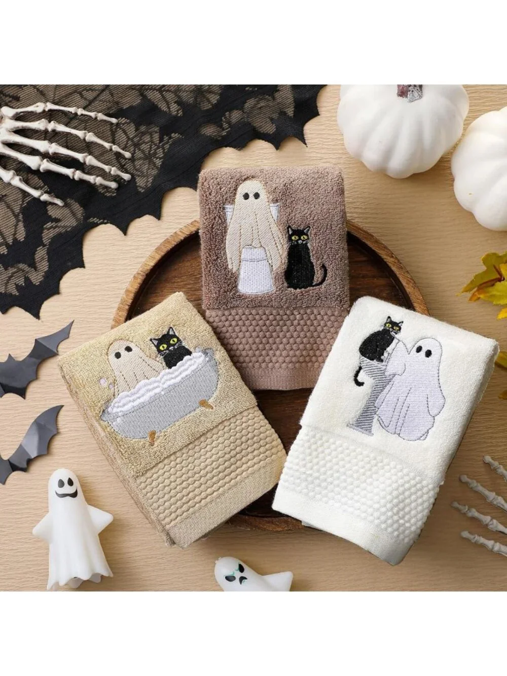 Set of 3 Brown Halloween Ghost Cat Hand Towels for Festive Bathroom Decor